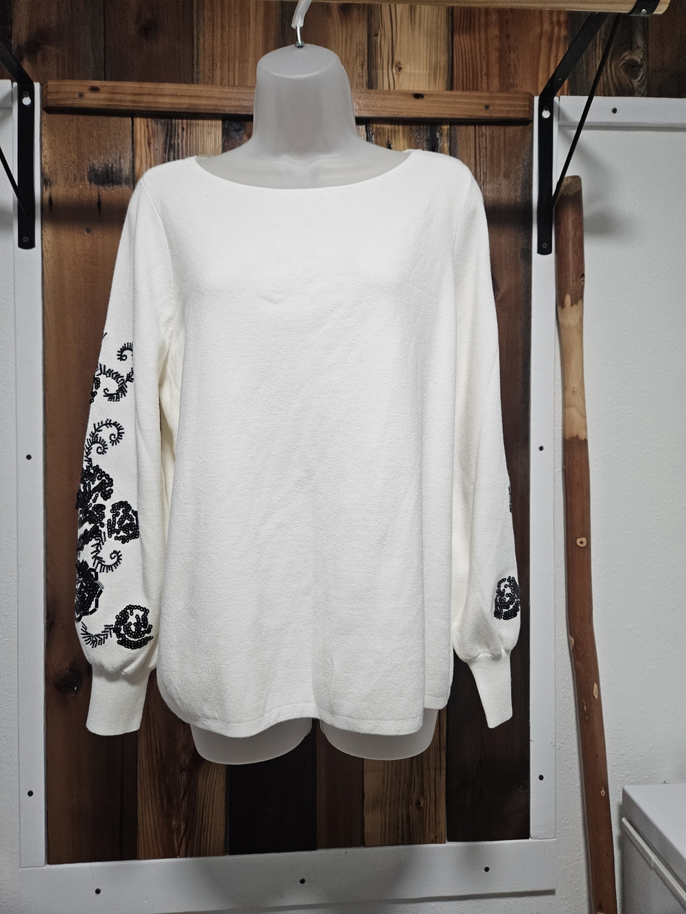 Chico's Cream Pullover with Black Floral Embroidered Sleeves